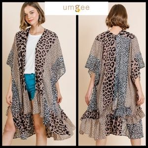 UMGEE Animal Print Open Front Long Kimono w/Ruffle